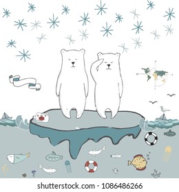 Polar bear ice floe vector celebration greeting birthday card winter mood friendly school xmas day letter holidays landscape snow flake ribbon fish wave cute animal face smile on white background