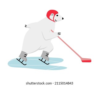 Polar bear ice hockey player. Funny mascot skating with stick and puck in attack. Vector cartoon illustration