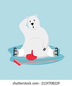 Polar bear ice hockey player. Funny mascot skating dropped his stick and helmet. Vector cartoon illustration