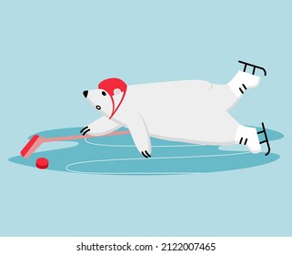 Polar bear ice hockey player. Funny mascot skating with stick and puck in attack. Vector cartoon illustration