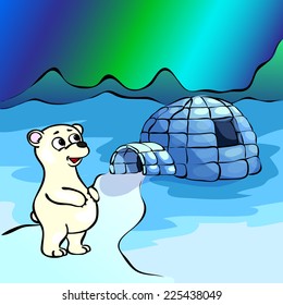 Polar bear, ice yurt igloo and northern lights. Vector illustration