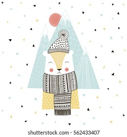 polar bear illustration, kid's room decor, children apparel print