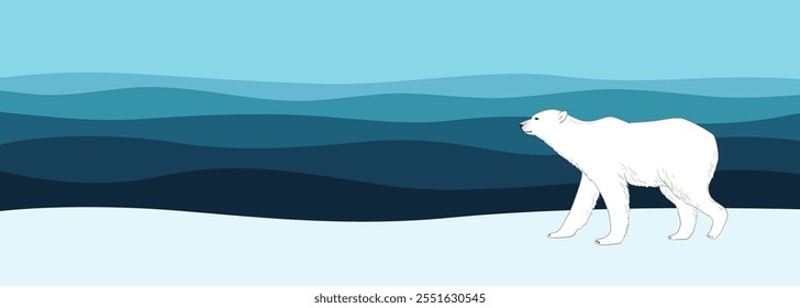 Polar bear illustration on blue wavy background. Arctic seascape vector for horizontal banner or flyer design. Arctic winter scene with white bear walking on the ice