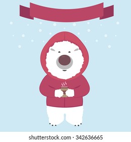 Polar bear in a jacket with a hood drinking hot coffee on the background of falling snow