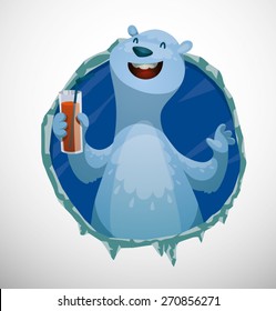 Polar bear label with glass of juice, vector