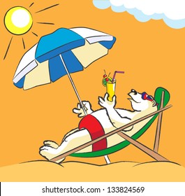 The polar bear lies in a chaise lounge under an umbrella on a beach