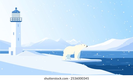 Eisbär mit einem Leuchtturm im Hintergrund. Schöner Eisbär steht am Ufer vor der Kulisse einer Landschaft großer Gletscher und Eisberge. Vektorgrafik des Winters.