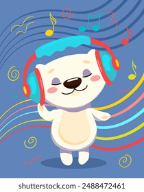 A polar bear listens to music with headphones. Children's vector cartoon illustration