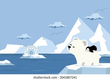 polar bear with little penguin North pole Arctic