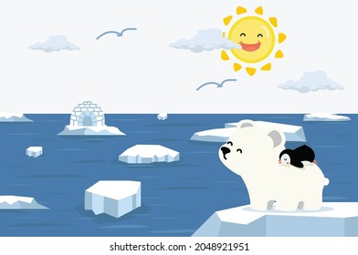 polar bear with little penguin North pole Arctic global warming