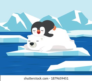 polar bear with little penguin sleep on ice floe