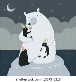   polar bear with little penguins on an ice floe at night in the winter at the North Pole. Freehand drawing for christmas or new year card, background or poster.