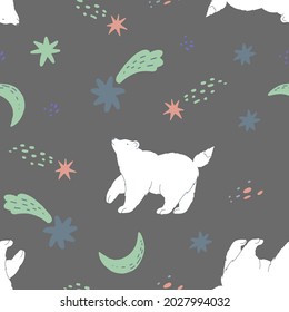 Polar bear looks at shooting stars and comets. Cute vector seamless pattern. Multi directional pattern for fabrics