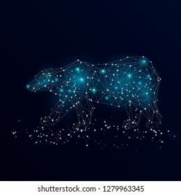 Polar bear in low poly style. Polygonal lines vector polar white space bear against the night sky.  Polygonal geometric triangular wire graphic construction structure. Vector illustration