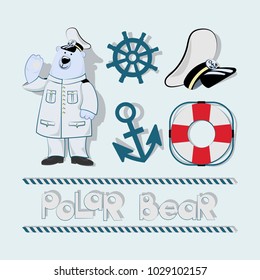 Polar Bear and marine elements design. Set. Profession captain long-distance voyage .The concept of marine swimming, tourism, recreation, travel. 