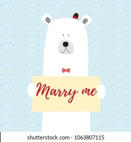 Polar bear marry me vector card illustration on a dotted pattern background