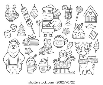Polar bear, marshmallow on stick, penguin on sleigh, deer with garland on horns, hot drinks and christmas decorations. Set of xmas outline vector elements for prints and coloring book. 