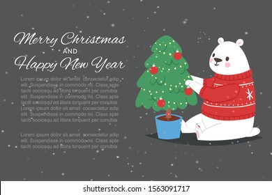 Polar bear with merry christmas and happy new year inscription, vector illustration. Winter web design of a cute polar bear in knitted sweater and christmas tree, snowflakes background.