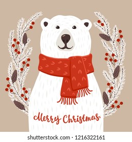 Polar Bear with Merry Christmas inscription. Polar Winter greeting card of a cute hand drawn polar bear with calligraphy phrase. Christmas background with smiling cartoon character. 