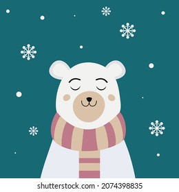 Polar Bear with Merry Christmas inscription. Winter greeting card of a cute hand drawn polar bear with calligraphy phrases. Christmas background with smiling cartoon character.