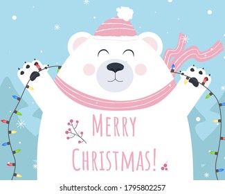 Polar bear and mery christmas vector print for postcard. Illustration card template for winter or christmas. Vector illustration