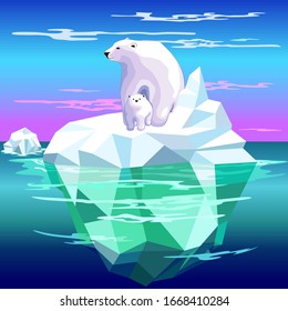 Polar Bear Mom and Baby on Iceberg Climate Change Vector Illustration