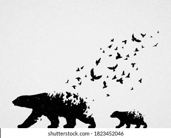 Eisbärenmutter und Kindersilhouetten, fliegende Vögel. gefährdete Tierfamilie. Leben und Tod. Konzept des Tierschutzes. Metaphern, schwarz-weißes Kunstposter. Vektorgrafik für Drucke, T-Shirt