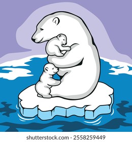 Polar bear mom with her two babies swims on an ice floe. Vector