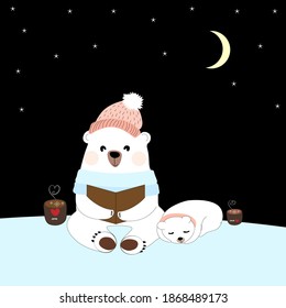 Polar Bear Mommy Reading Bed Time Story For Cub, Happy Dad Bear And Child Siting Together At Night With Crescent Moon And Star,Greeting Card For Baby Shower, Kid Birthday,Mother Day Or Father Day