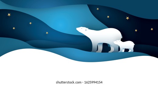 Polar bear mother and bear child walking at the North Pole. Paper art white bear vector illustration. International Polar Bear Day. 