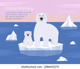 Polar bear mother with a bear cub stand on an ice floe. The concept of global warming and plastic pollution of the world ocean. vector illustration. arctic landscape