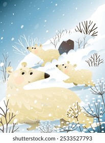 Madre del oso polar y sus cachorros de bebé caminando en la nieve fuera de la guarida. Naturaleza de invierno y osos blancos mamá y bebés en el paisaje del norte cubierto de nieve. Ilustración vectorial para niños.