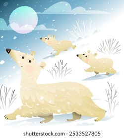 Madre del oso polar y sus cachorros de bebé caminando en Diseño gráfico de nieve. Naturaleza de invierno y osos blancos mamá y bebés en el paisaje del norte cubierto de nieve. Vector ilustración de dibujos animados para niños.