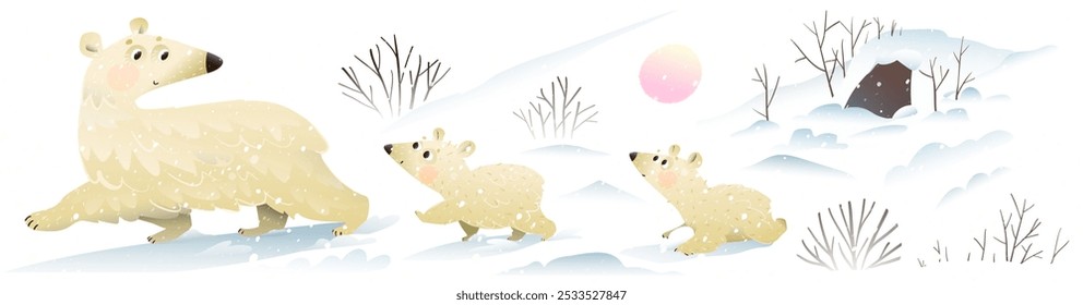 Madre del oso polar y sus cachorros caminando arte de Clip aislado. Animales del norte en Elementos de la naturaleza. Arbusto, ramas, guarida de animales y colección de ventisqueros. Elementos aislados del Clipart gráfico del Vector para los niños.