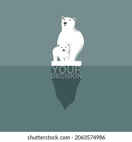 A POLAR BEAR MOTHER PROTECTING HER CHILD. FLOAT ON A PIECE OF ICE IN THE MIDDLE OF THE OCEAN