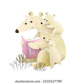 Polar bear mother reading book to her baby cubs isolated clipart for kids education. Mama bear and white baby bears study an open book. Vector cartoon clip art illustration for children.