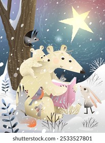 Polar bear mother reading book to baby cubs and other animals under stars at Christmas night. Winter nature and animals school in snowy forest. Vector cartoon illustration for children education.