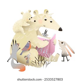 Polar bear mother reading book to her baby cubs, squirrel mouse and rabbit in winter. Mama bear and baby forest animals study an open book. Vector cartoon clip art illustration for children school.