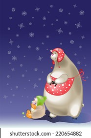 polar bear mother and son with snowflakes