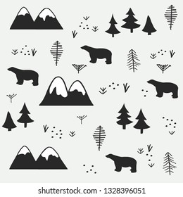 Fondo de patrón ininterrumpido de oso polar, montaña y bosque