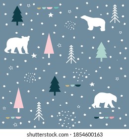 Polar bear, mountain and forest seamless pattern background. Winter pattern.