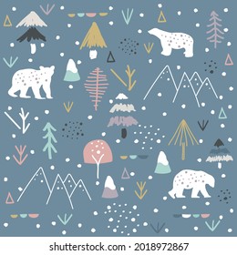 Polar bear, mountain and forest seamless pattern background. Winter pattern.