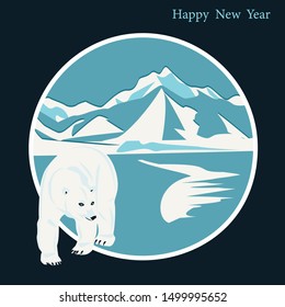 Polar bear - mountains, snow - round blue icon on a dark background - vector. Happy New Year