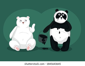 A polar bear next to a panda holding a bucket of paint in her hand