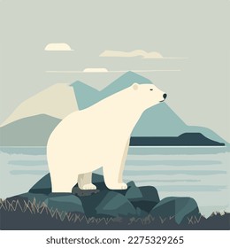 Polar bear in the north. Arctic animals in natural habitat. Flat vector illustration concept