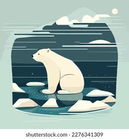 Polar bear in the north. Arctic animals in natural habitat. Flat vector illustration concept