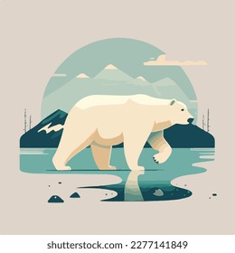 Polar bear in the north. Arctic animals in natural habitat. Flat vector illustration concept