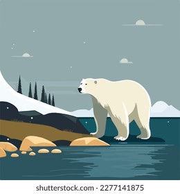 Polar bear in the north. Arctic animals in natural habitat. Flat vector illustration concept