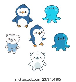 Polar bear, octopus, penguin - a set of cute characters. Vector hand drawn illustration 