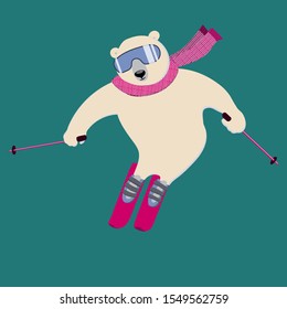 Polar bear on an alpine ski slope. Сharming sporty and strong animal wears scarf and ski goggles, likes downhill skiing.  Vector ilustration with character in flat style. Can be used as mascot